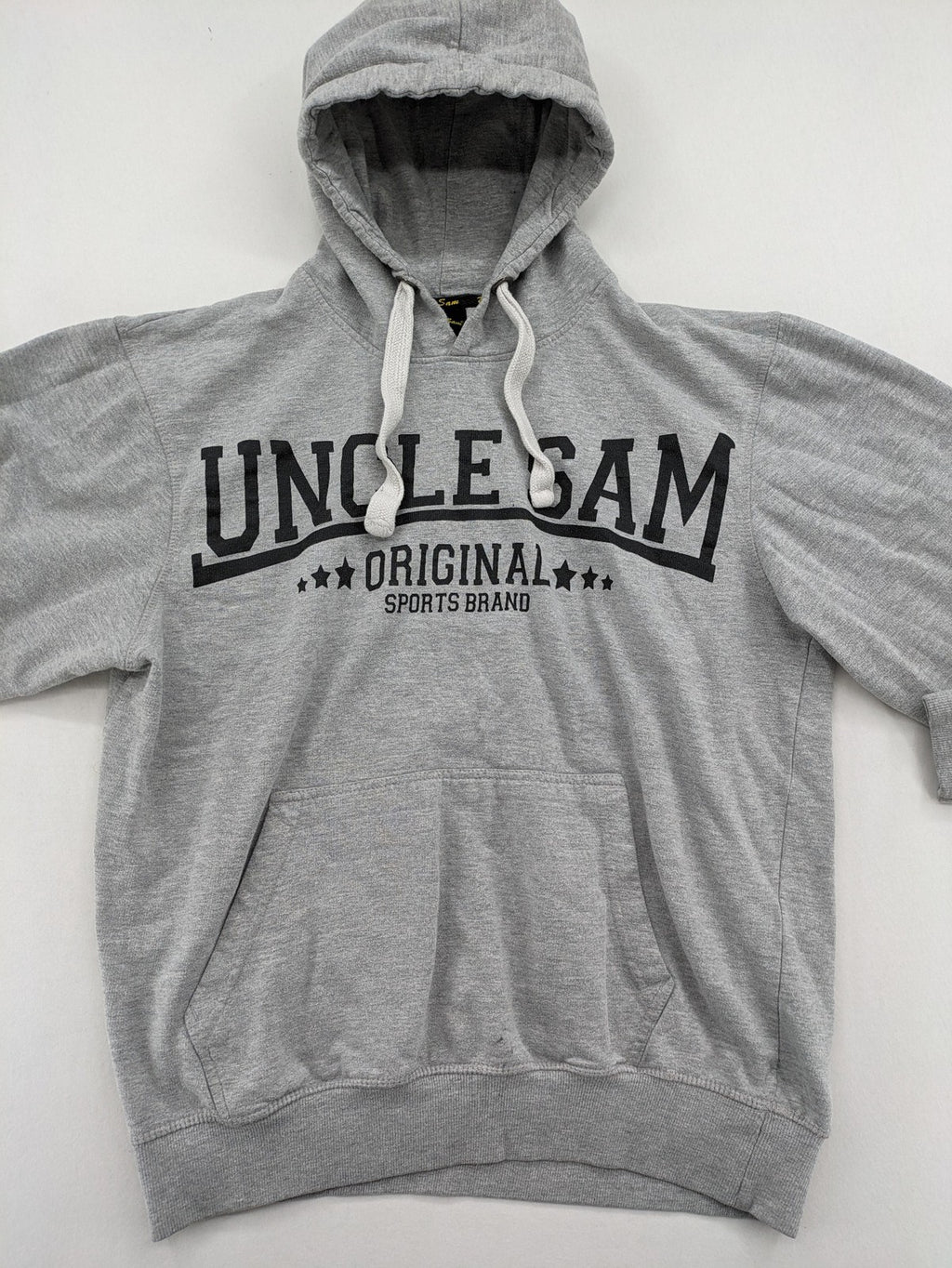 Uncle Sam grey hoodie with logo print, kangaroo pocket, and drawstring hood.