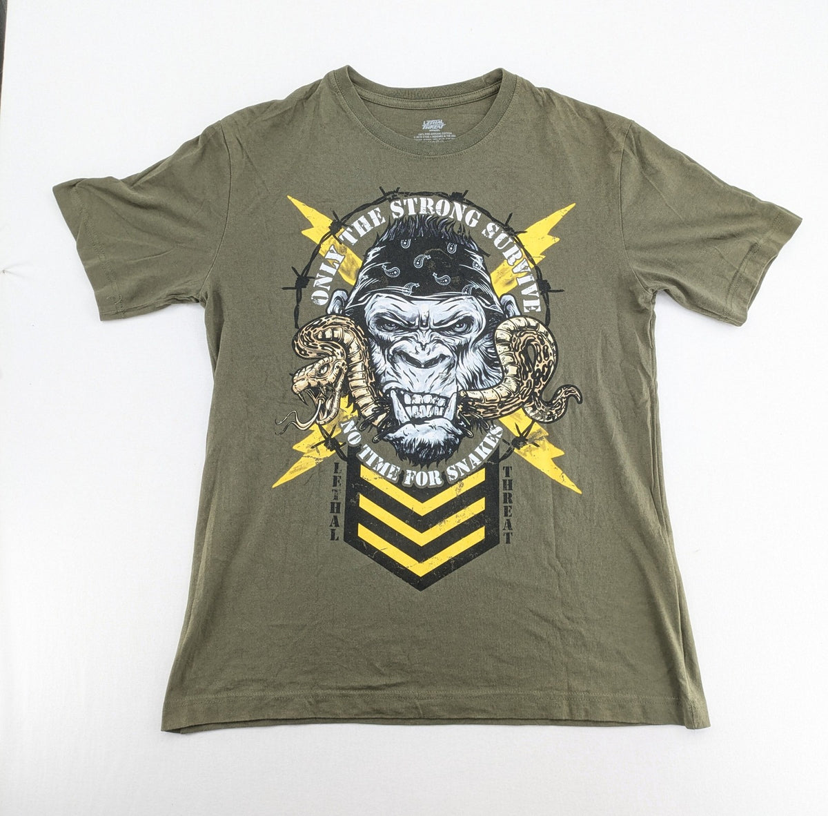 Lethal Threat multi band t-shirt featuring biker gorilla graphic and winged design.