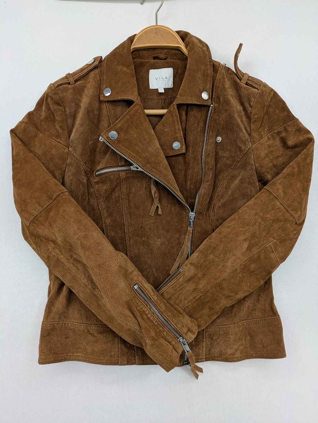 Vila brown biker jacket Vicris soft suede asymmetric zipper metal details