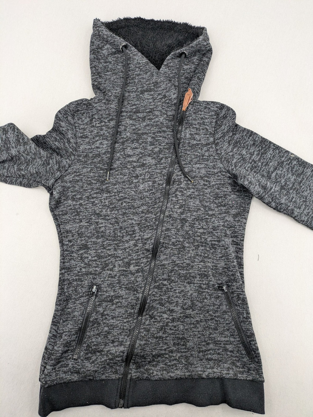 BLIND DATE grey asymmetrical zip hoodie with high fleece-lined waterfall collar.