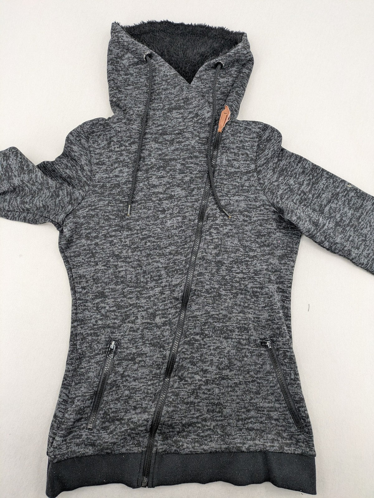 BLIND DATE grey asymmetrical zip hoodie with high fleece-lined waterfall collar.