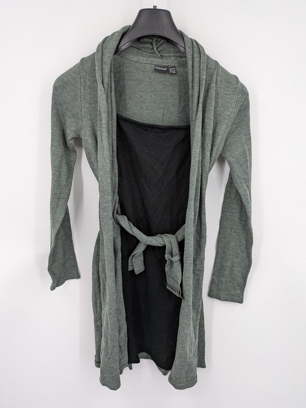 Bodyflirt grey cardigan with black top, open front, soft knit, waterfall collar.