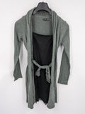 Bodyflirt grey cardigan with black top, open front, soft knit, waterfall collar.
