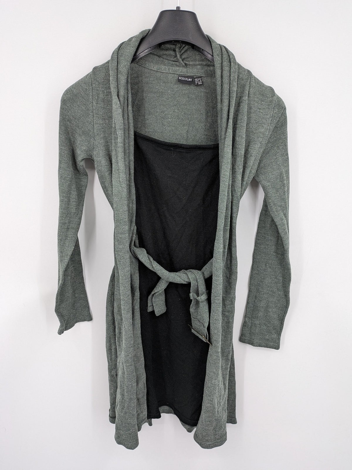 Bodyflirt grey cardigan with black top, open front, soft knit, waterfall collar.