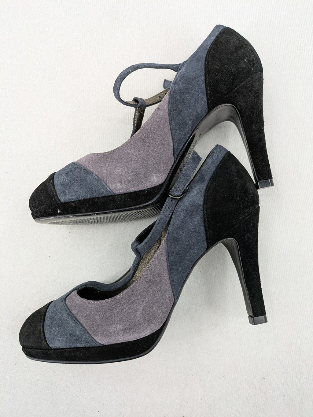 Boden multi high heels suede colorblock design with T-strap and ankle buckle.