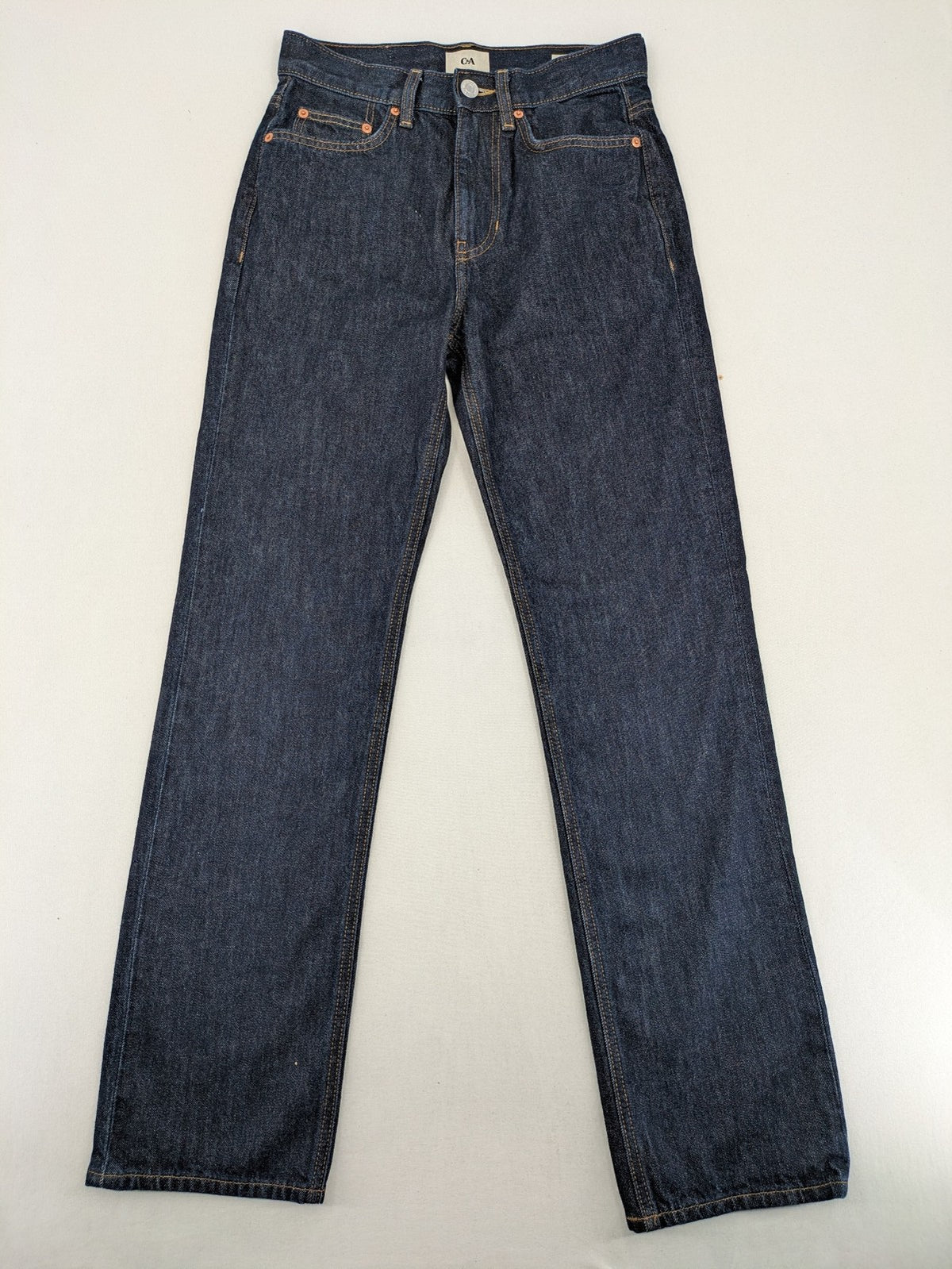 C&A blue straight jeans W28 L32 with 5-pocket design and contrasting orange stitching.