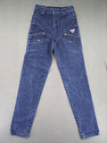 YKK blue high waist mom jeans with decorative front zipper pockets and vintage denim texture.