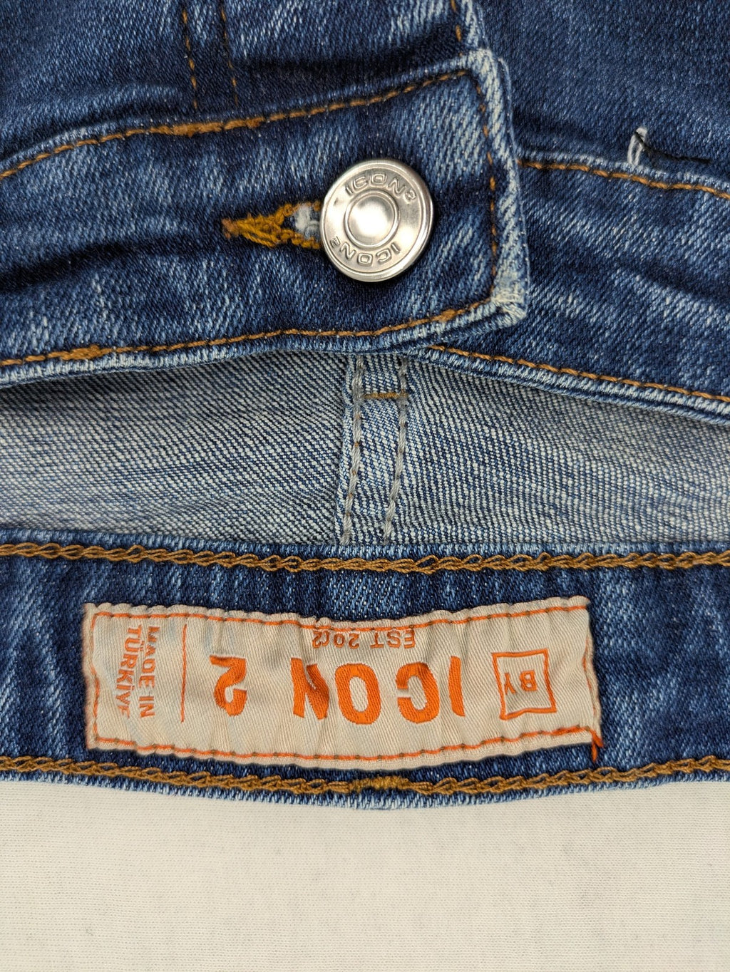 ICON 2 blue slim fit jeans distressed stretch denim with button fly and faded details.