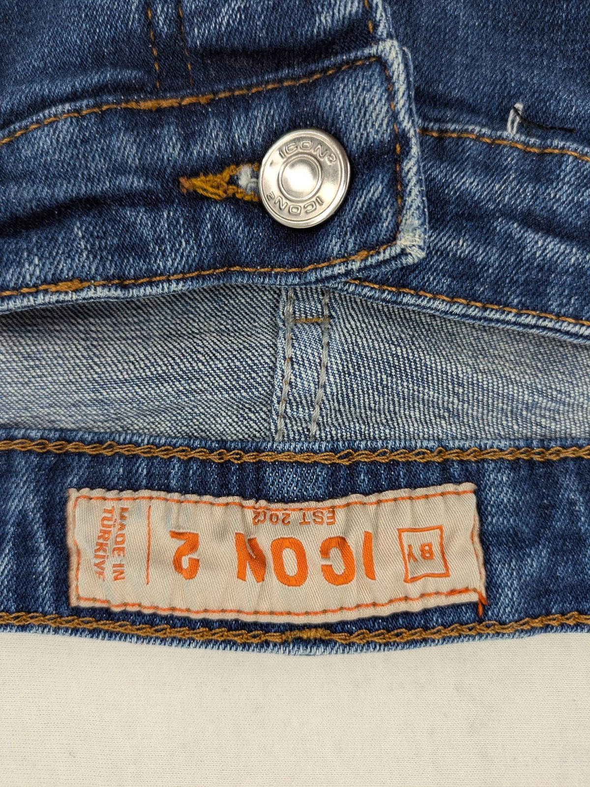 ICON 2 blue slim fit jeans distressed stretch denim with button fly and faded details.