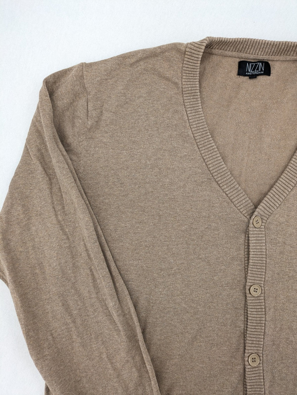 Nizzin Amsterdam knit jumper beige V-neck with button placket and soft cotton blend.
