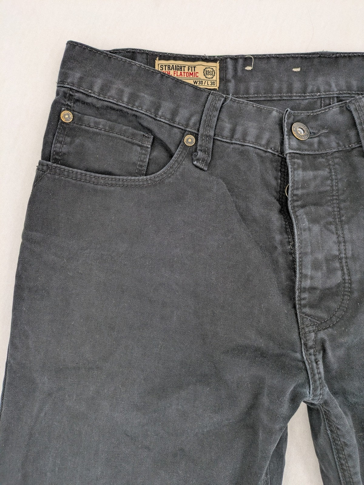 Ckh grey straight fit jeans with button fly and faded wash details.