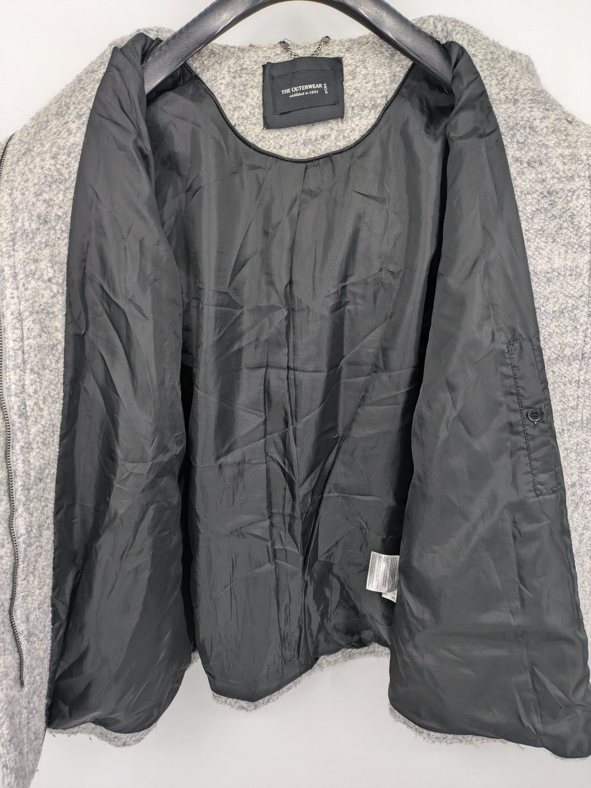 C&A grey jacket wool blend with hood, full zip, modern design, zip pockets.