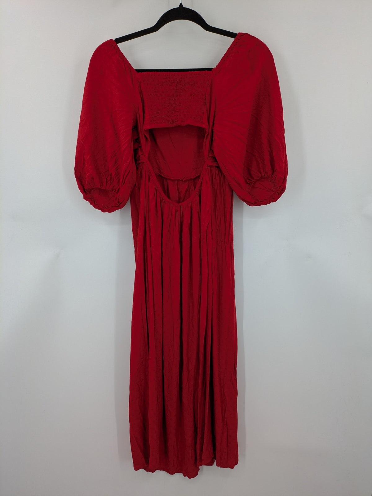 NEXT red midi dress with puff sleeves, smocked bodice, and stylish back cut-out.