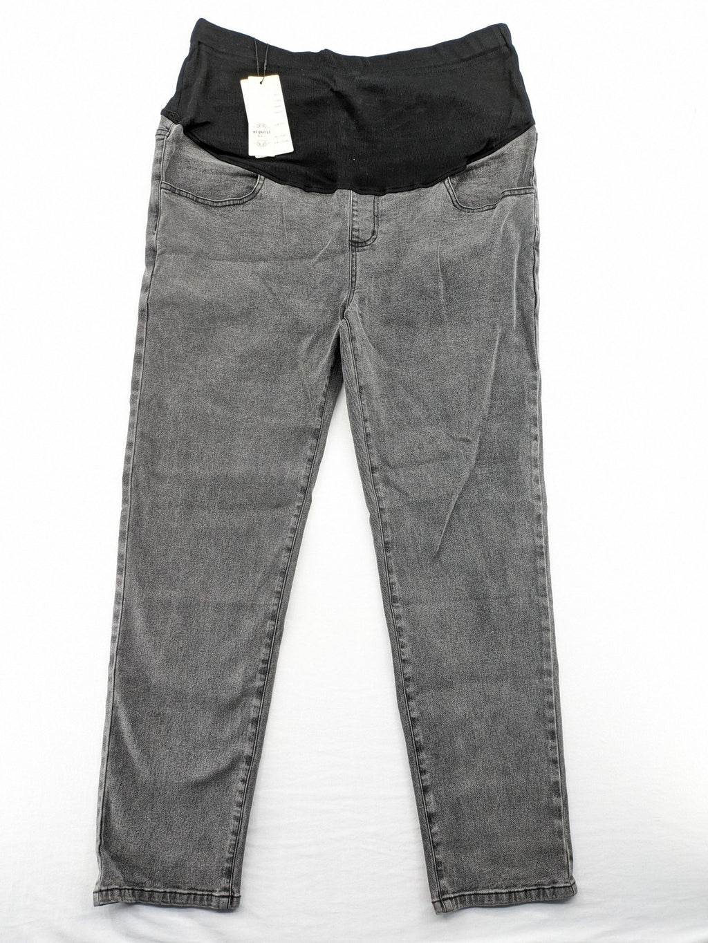 Damen grey maternity pants with black elastic belly band and stretch fabric.