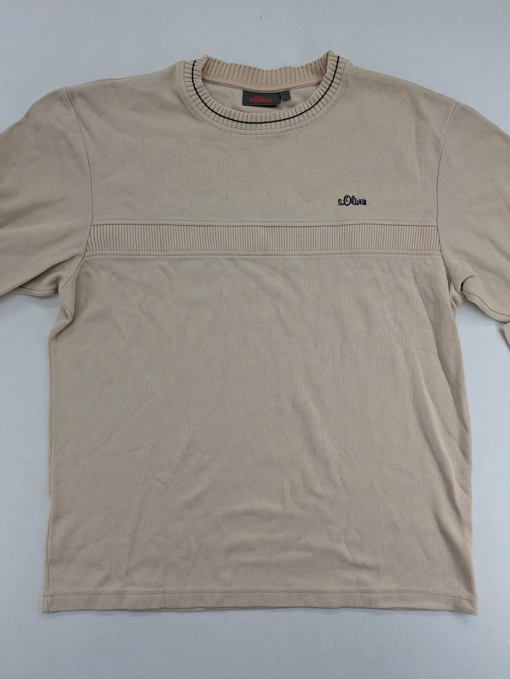 s.Oliver beige turtle neck jumper with ribbed texture and embroidered logo on chest