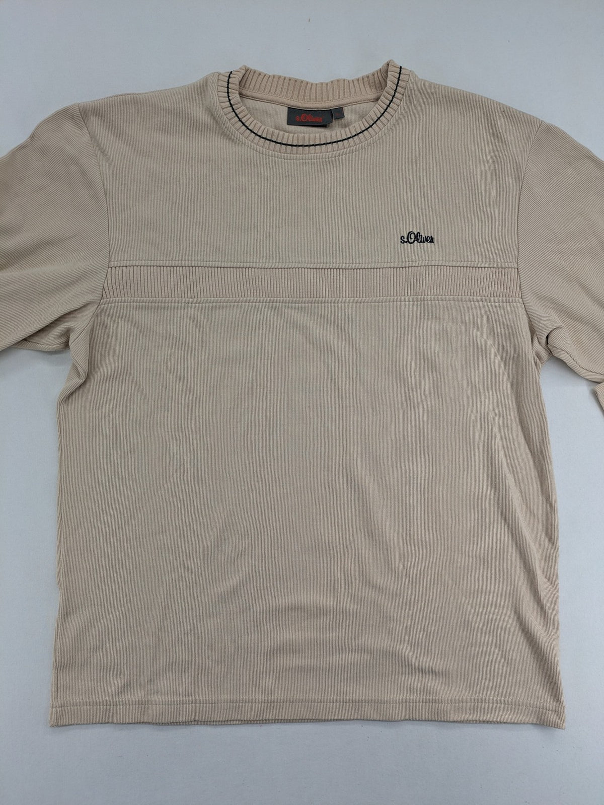 s.Oliver beige turtle neck jumper with ribbed texture and embroidered logo on chest