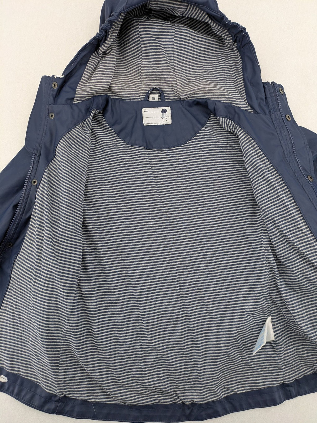 Pocopiano navy raincoat with striped lining and waterproof exterior, classic fisherman style.