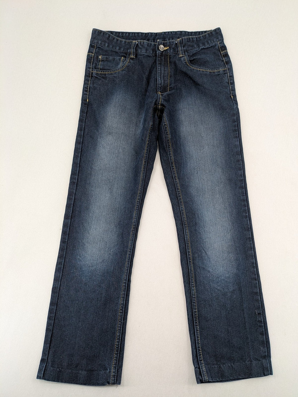 C&A blue straight leg jeans with classic 5-pocket design and faded wash details.
