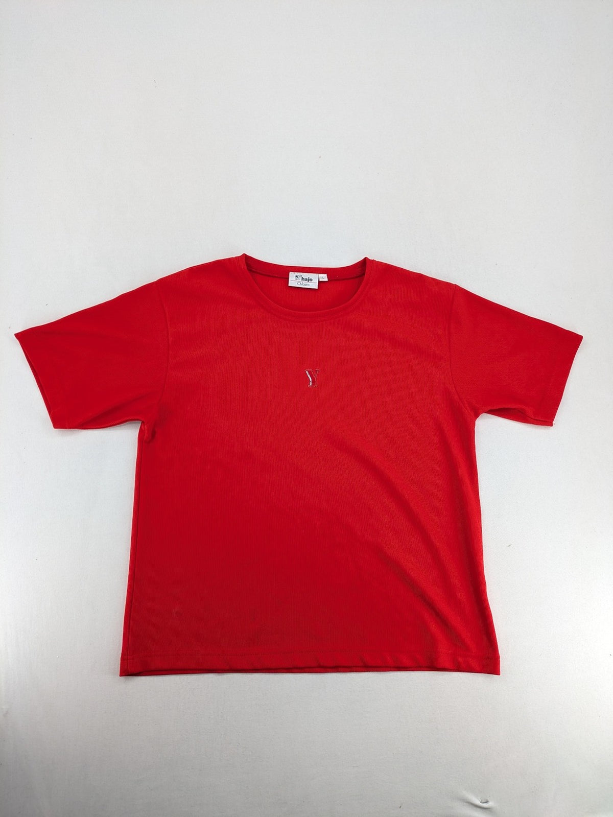 Hajo red t-shirt with ribbed texture and rhinestone Y-logo on chest.