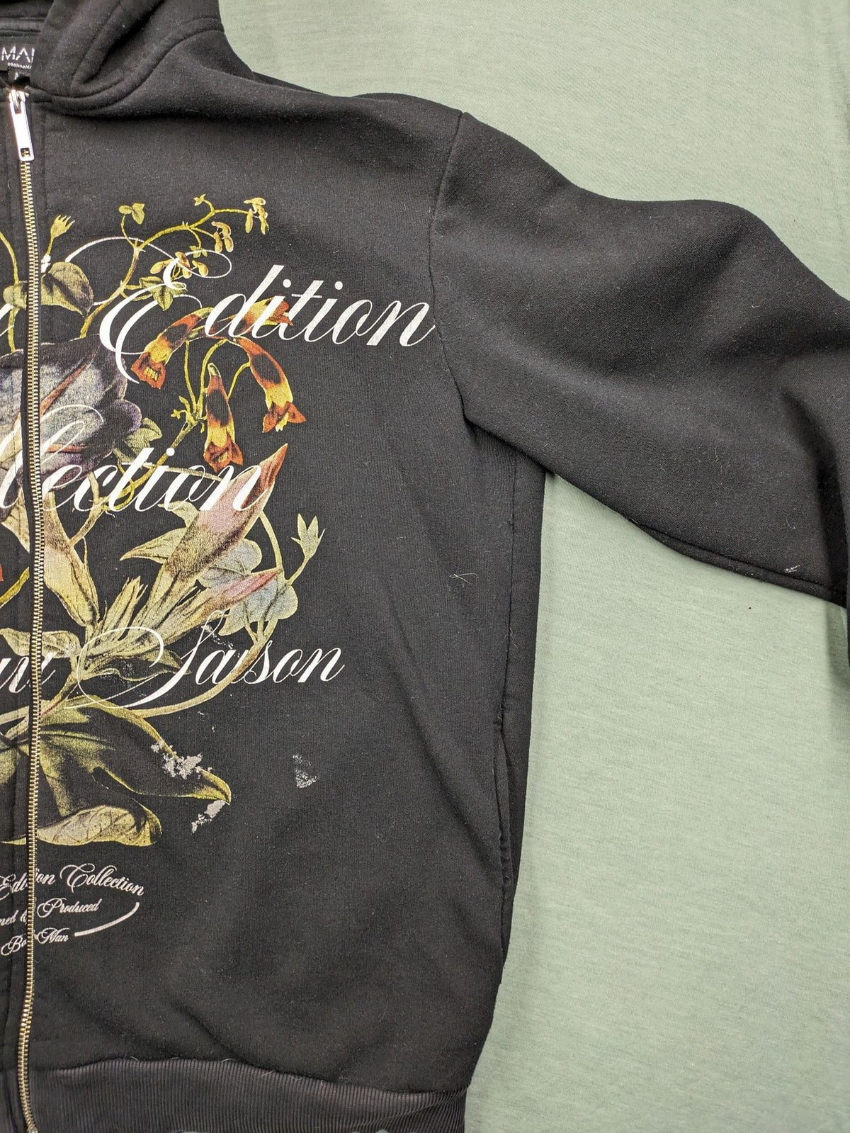 Boohooman zip-through hoodie black with floral graphic and "Limited Edition Collection" text.
