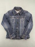 BLU blue denim trucker jacket with button placket and two chest pockets.