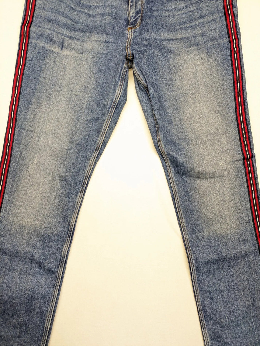 s.Oliver blue straight jeans with red and white side stripes, soft cotton blend material