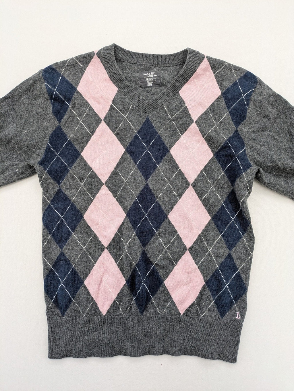 L.O.G.G. pink turtle neck jumper argyle pattern in grey, pink, and navy wool blend.