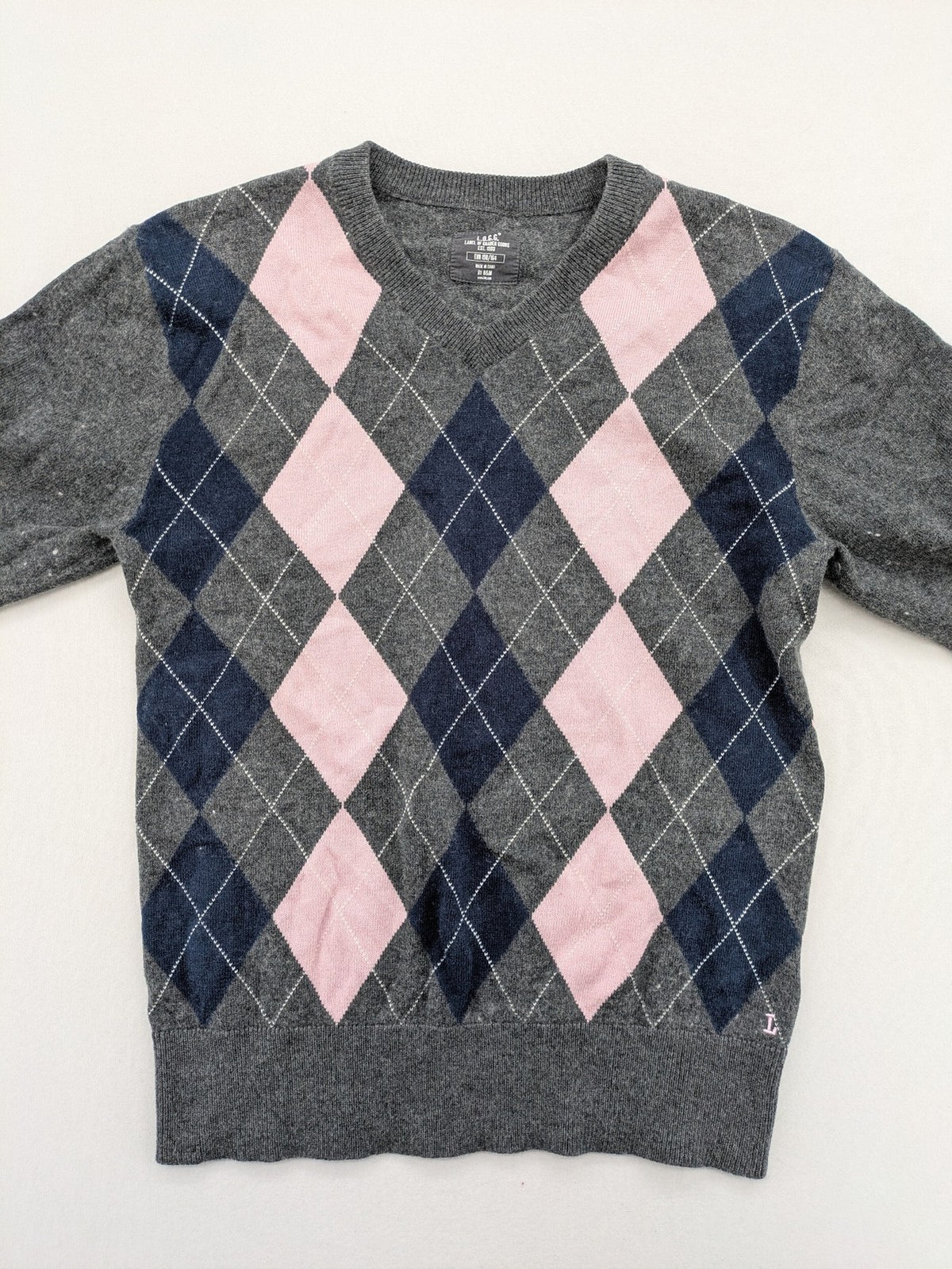 L.O.G.G. pink turtle neck jumper argyle pattern in grey, pink, and navy wool blend.