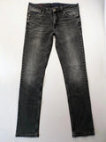 Denim grey straight jeans 5-pocket design with subtle brand details and zipper closure.