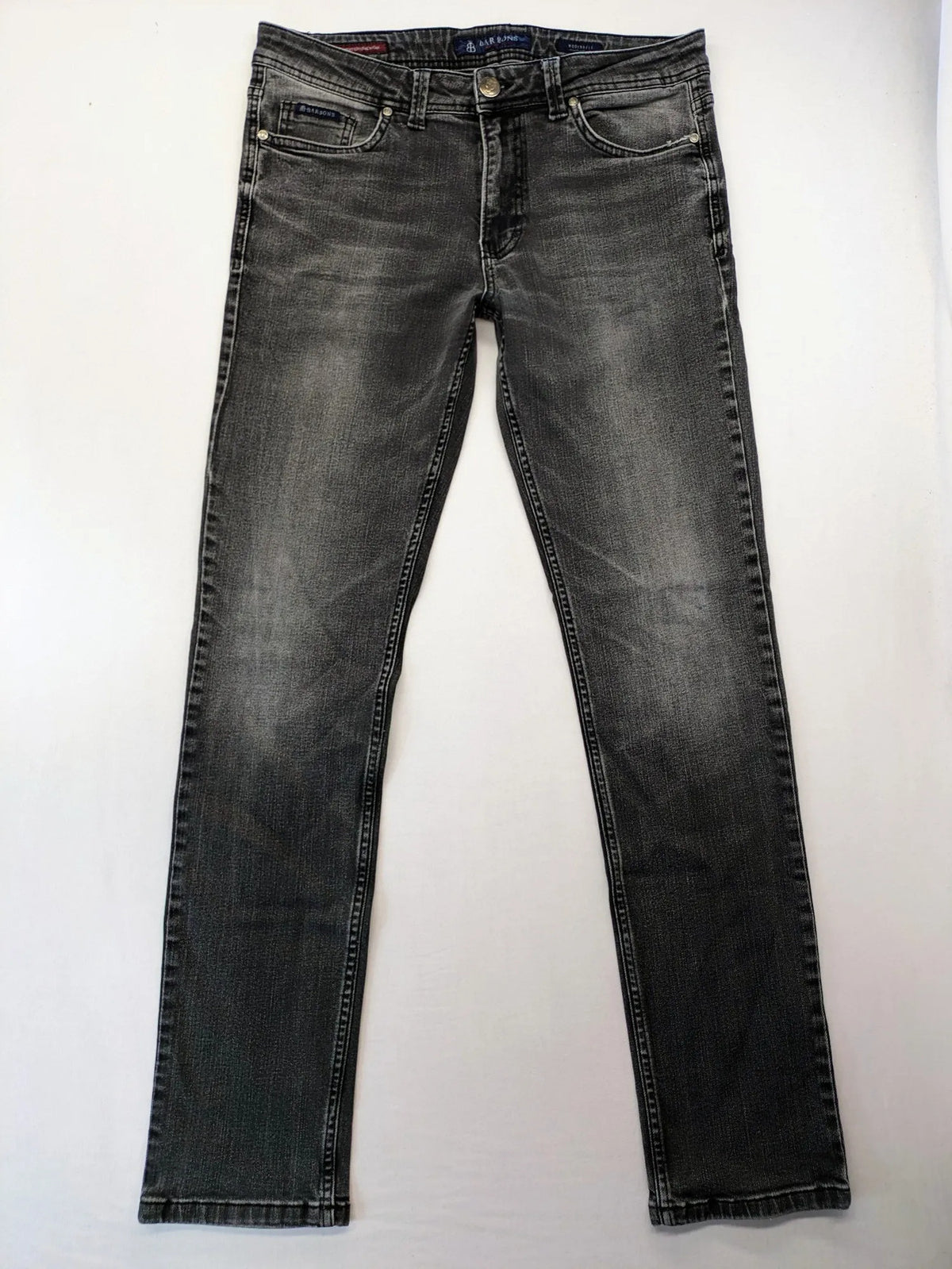 Denim grey straight jeans 5-pocket design with subtle brand details and zipper closure.