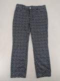 Bonita navy pants with geometric pattern, stretch material, and classic zip fly closure.