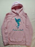 Just Hoods pink zip-through hoodie with "Trinkerbell" graphic, kangaroo pocket, drawstring hood.