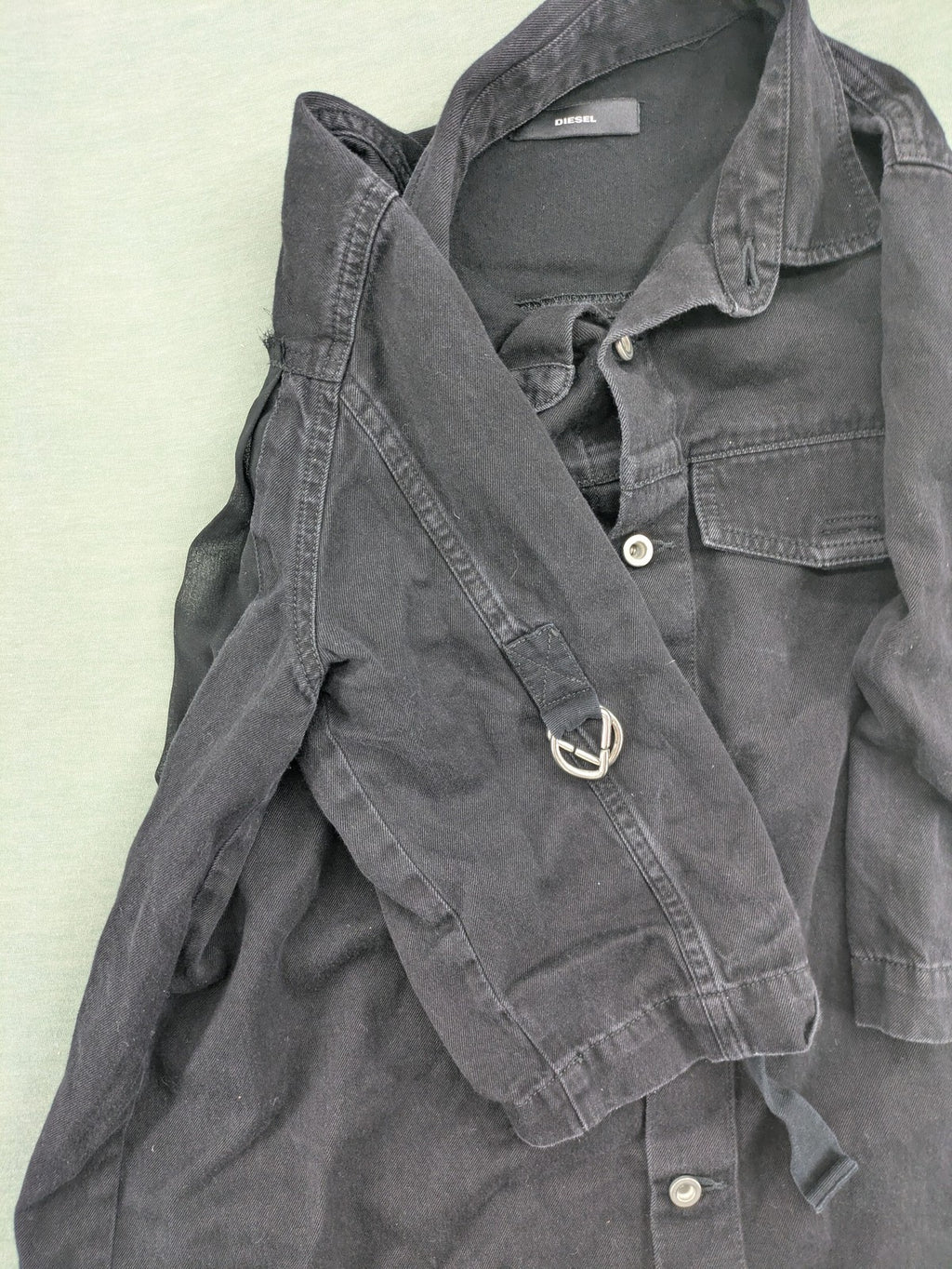 Diesel grey tunic top with denim front, pleated chiffon back, and D-ring detail.