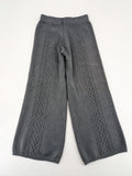 Grey pants with cable knit pattern, wide leg, ribbed waistband, 100% polyester.