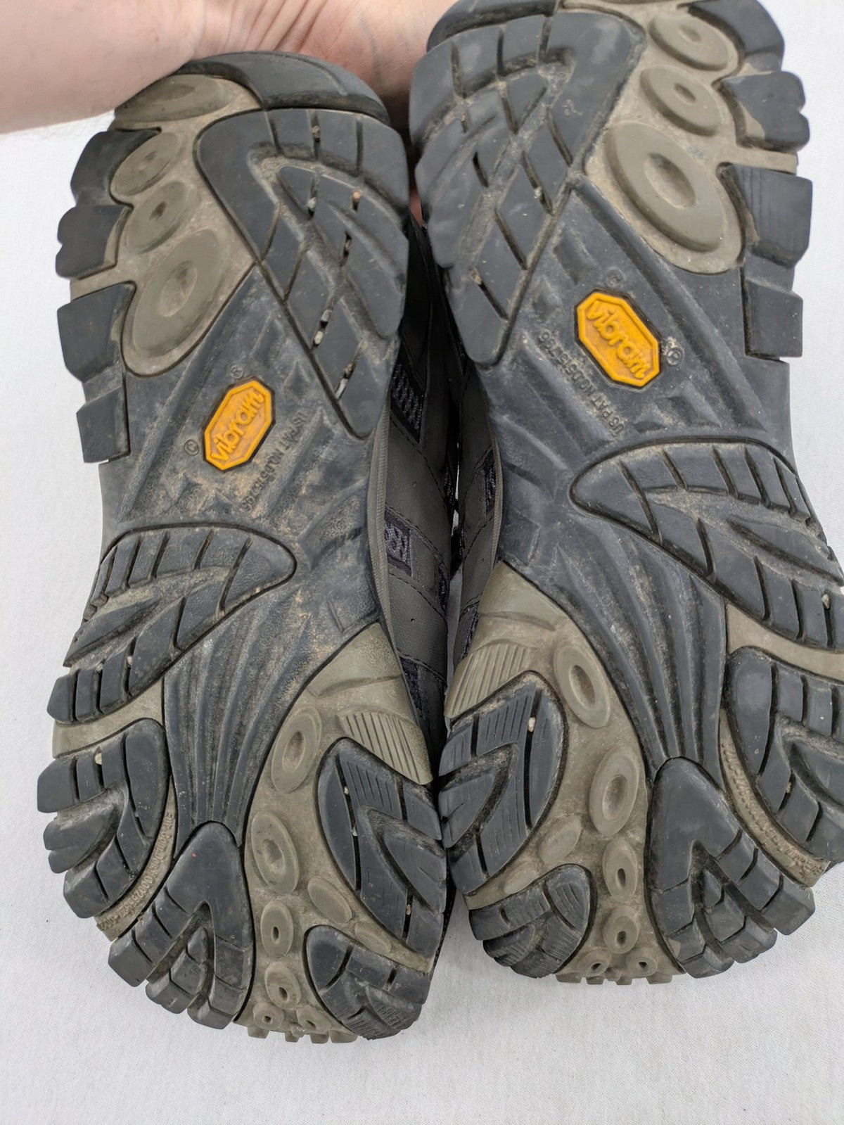 Merrell grey hiking shoes with Gore-Tex membrane and Vibram sole for traction.