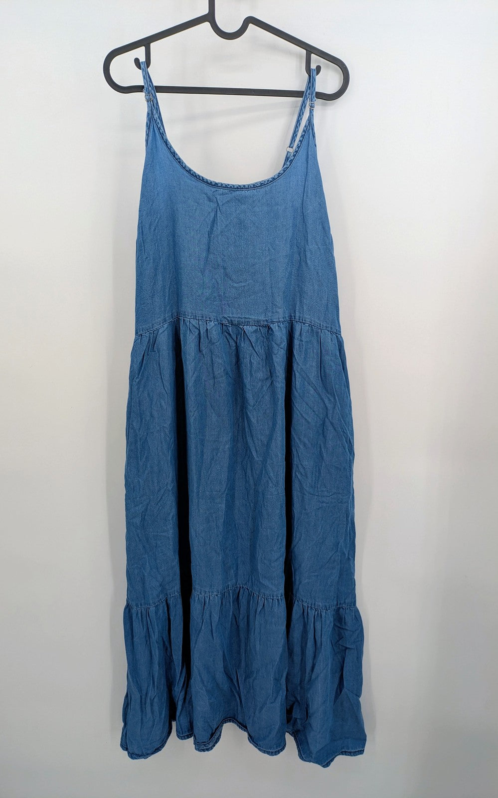 Infinity Woman blue maxi dress tiered design adjustable spaghetti straps soft lyocell material