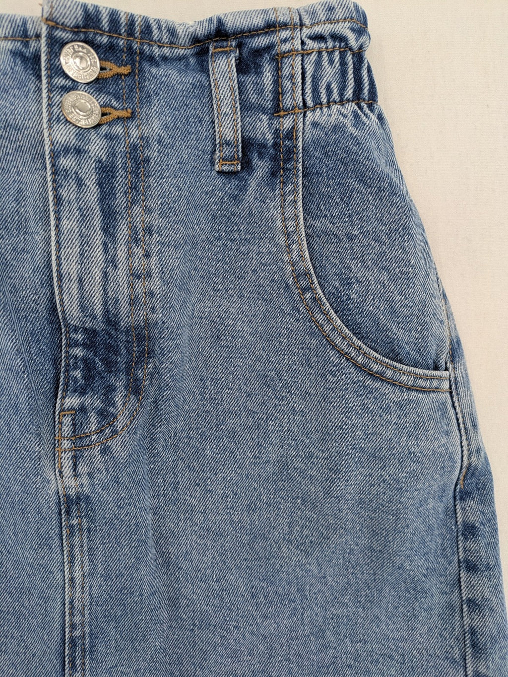 MNG blue knee-length skirt high waist paperbag style with elastic back and classic wash.