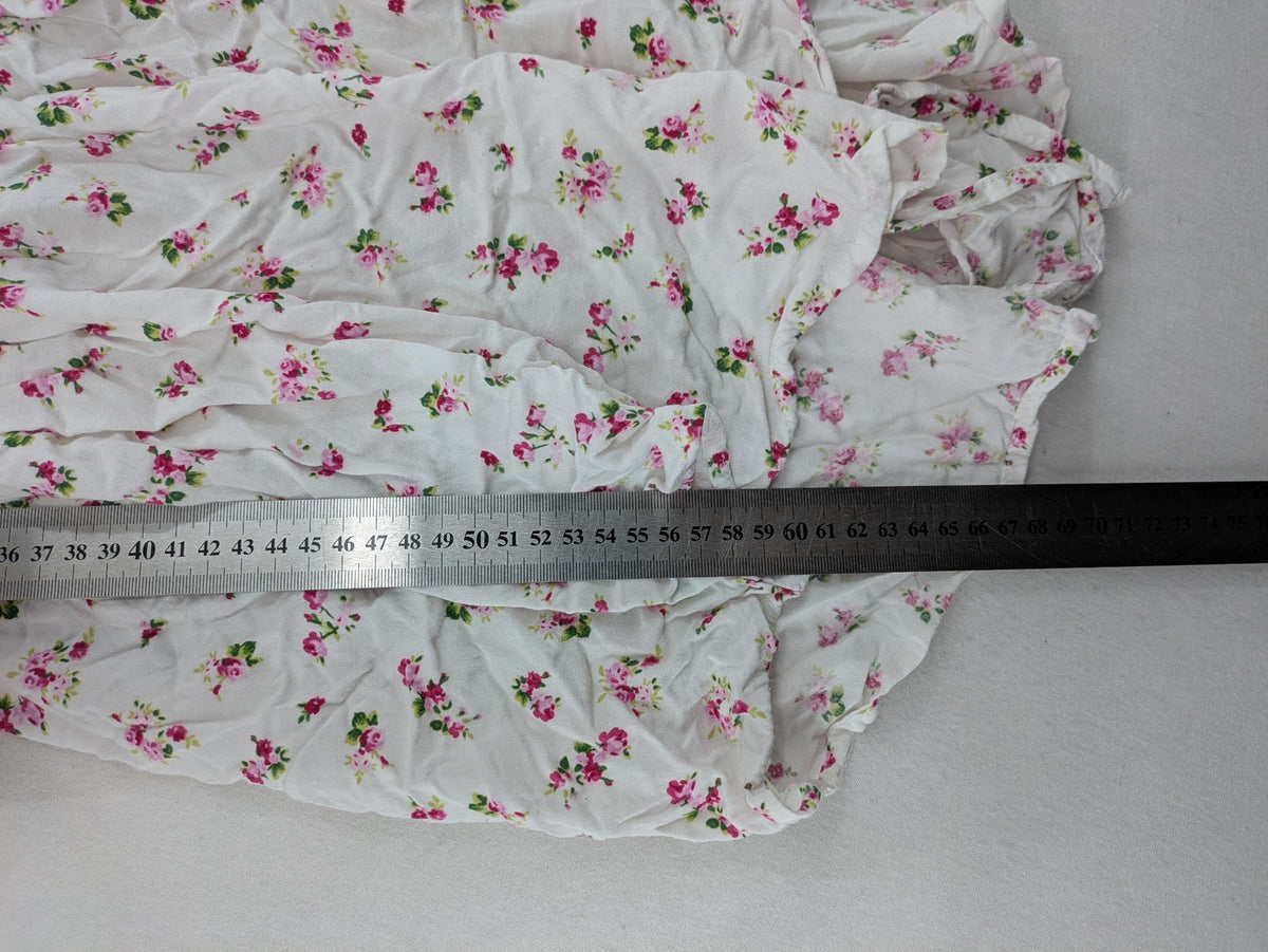 FB Sister floral playsuit white with pink flowers, smocked bodice, lightweight viscose material.