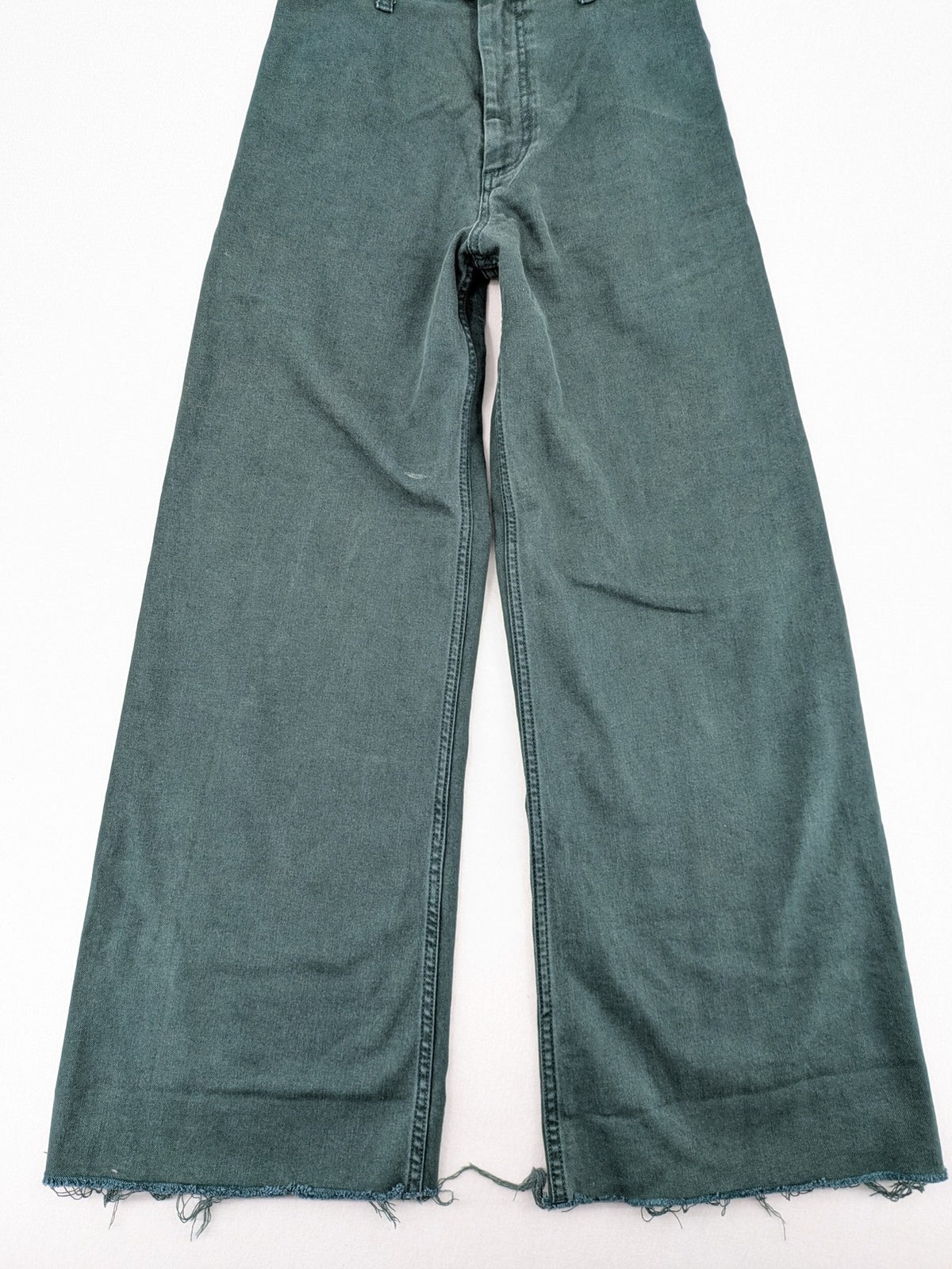 Zara green high waist wide leg jeans with frayed hem and button closure.