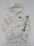 Hollister grey and white tie-dye hoodie with logo on chest, back, and sleeve.