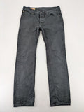 Ckh grey straight fit jeans with button fly and faded wash details.