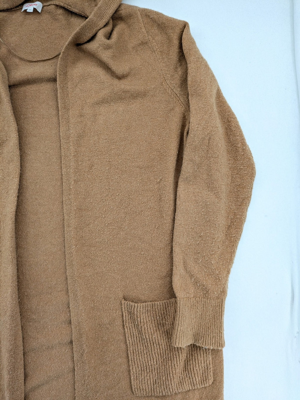 s.Oliver brown turtle neck jumper with hood, open front design, soft knit material.