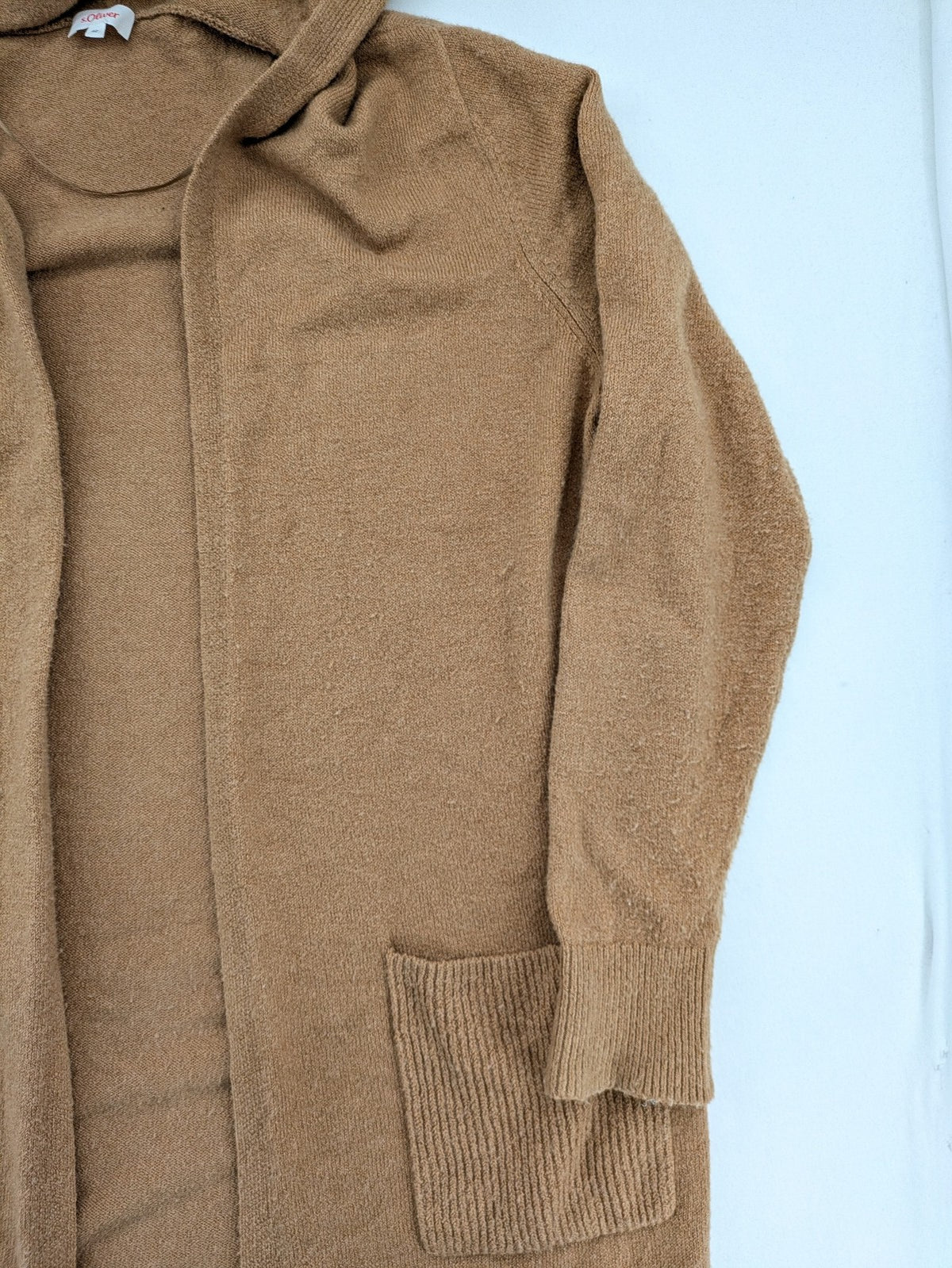 s.Oliver brown turtle neck jumper with hood, open front design, soft knit material.