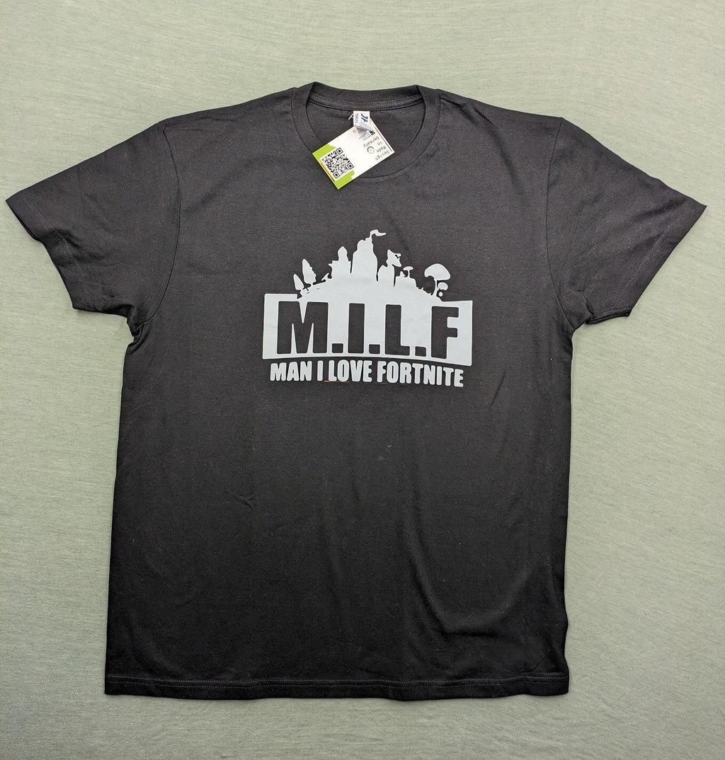 Fortnite black t-shirt with white "M.I.L.F. Man I Love Fortnite" graphic print.