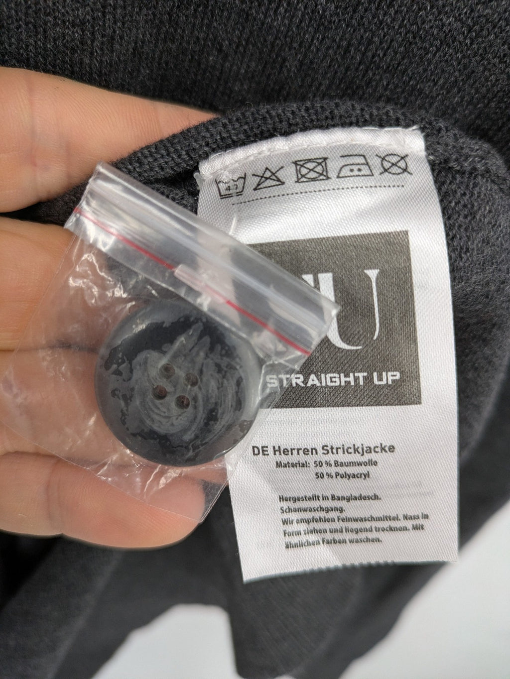 Straight Up grey cardigan with shawl collar, button front, soft cotton-acrylic blend.