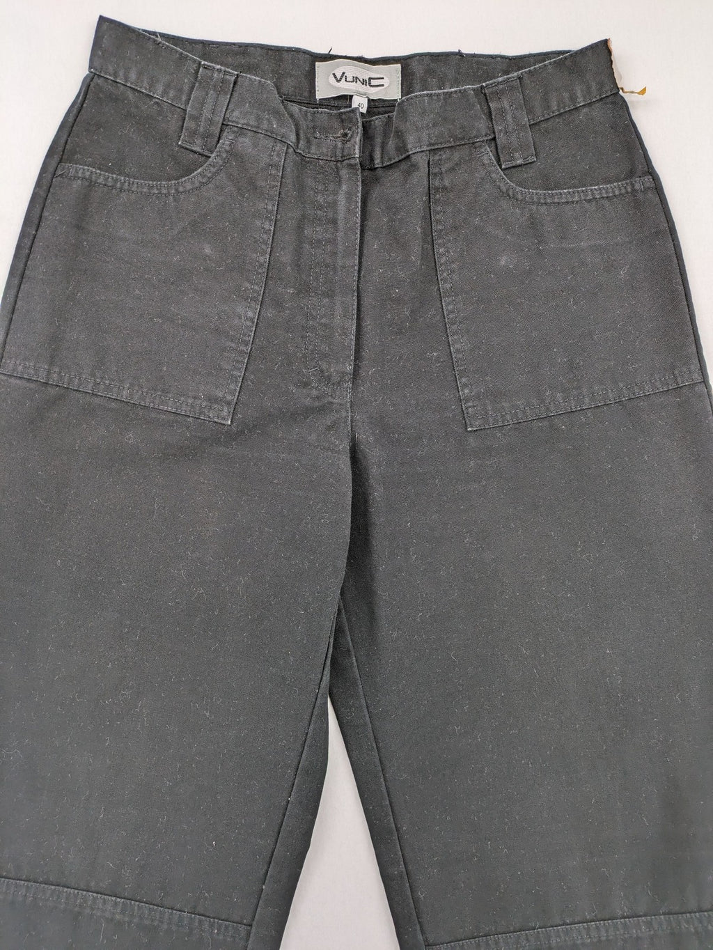 Vunic black cargo pants high-waisted straight leg cotton with zipper and button closure.