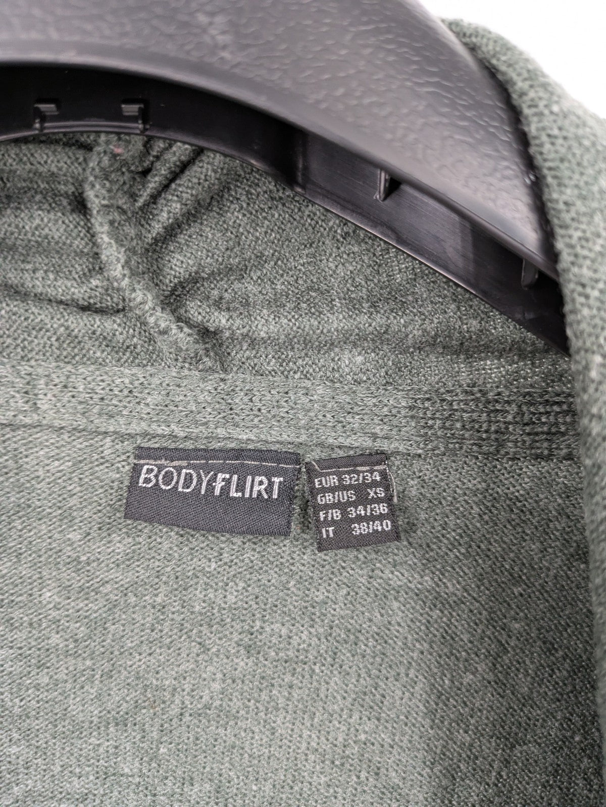 Bodyflirt grey cardigan with black top, open front, soft knit, waterfall collar.
