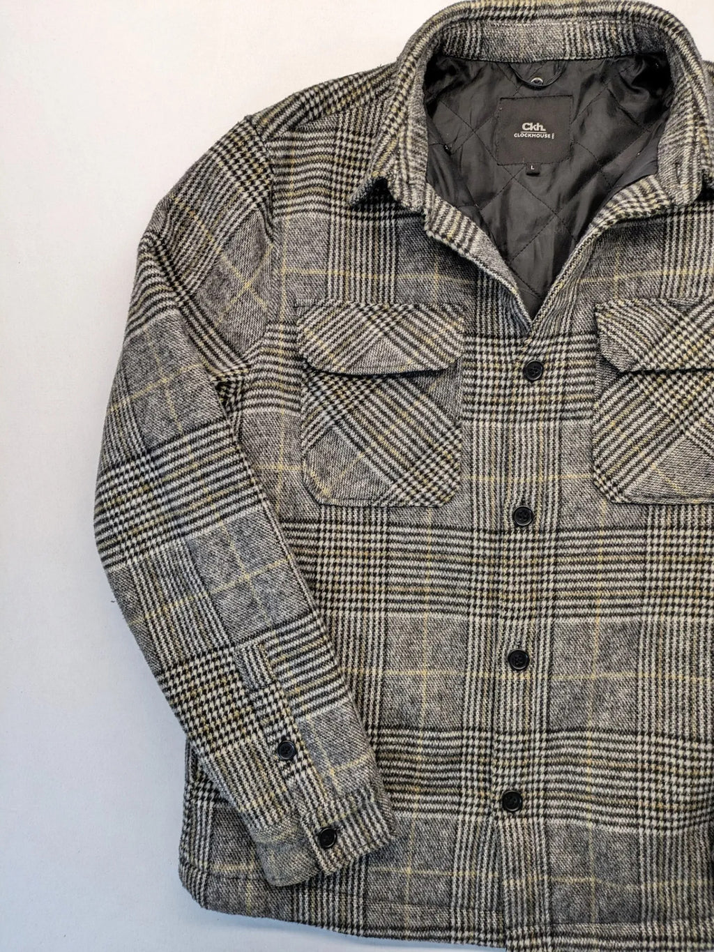 Clockhouse grey check shacket jacket with quilted lining and logo detail.