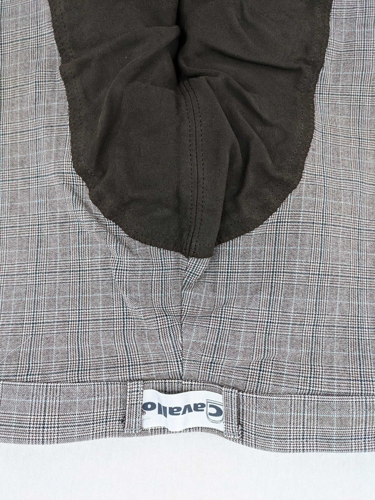 Cavallo grey check riding pants with brown full-seat patch and logo detail.