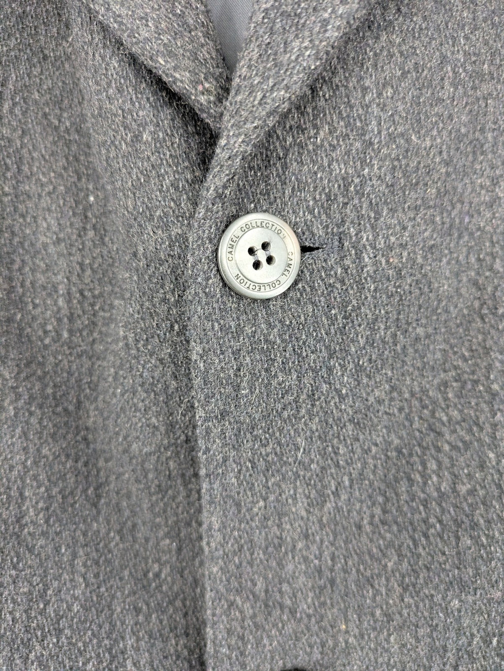 Camel Collection grey blazer three-button front with patch pockets, made from wool blend.